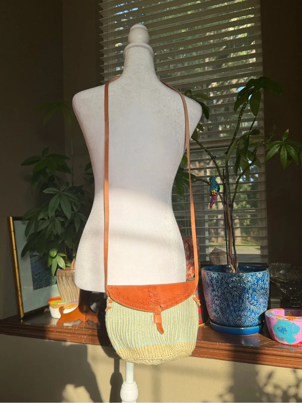 Boho Sisal Straw & Leather Crossbody Shoulder Bag Woven Artisan - Picture 3 of 8